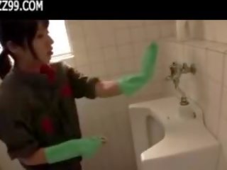 Mosaic: fascinating cleaner gives geek blowjob in lavatory 01